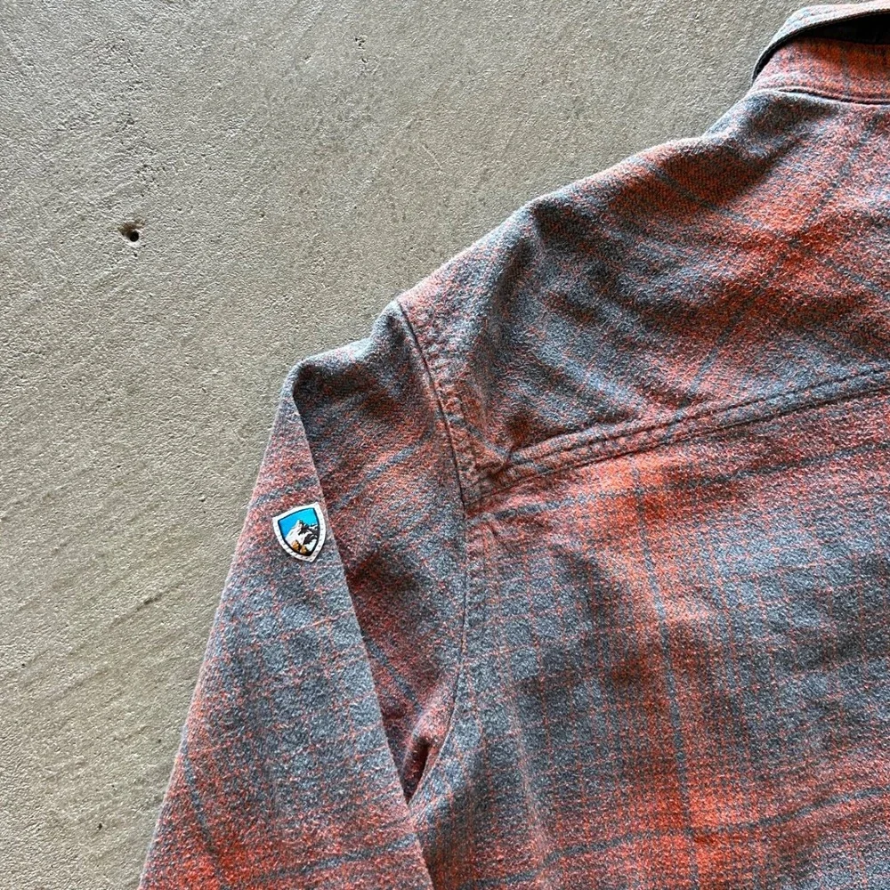 Kuhl Joyrydr Shirt Jacket Men XL Orange Gray Plaid Fleece Button Up Shacket 7516